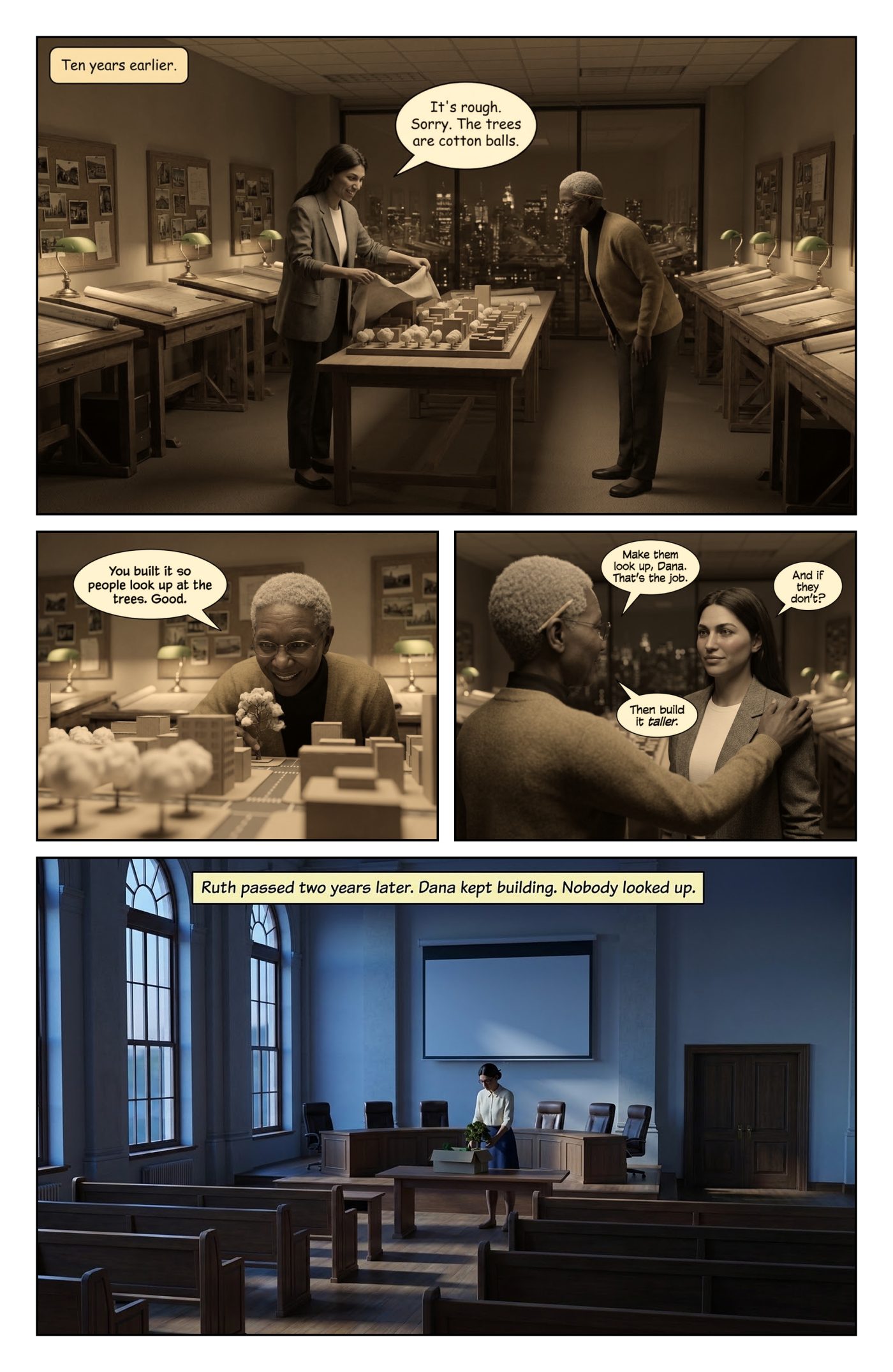 SKYLINE Chapter 1 — The Woman Nobody Hears, page 4 — AI giantess comic